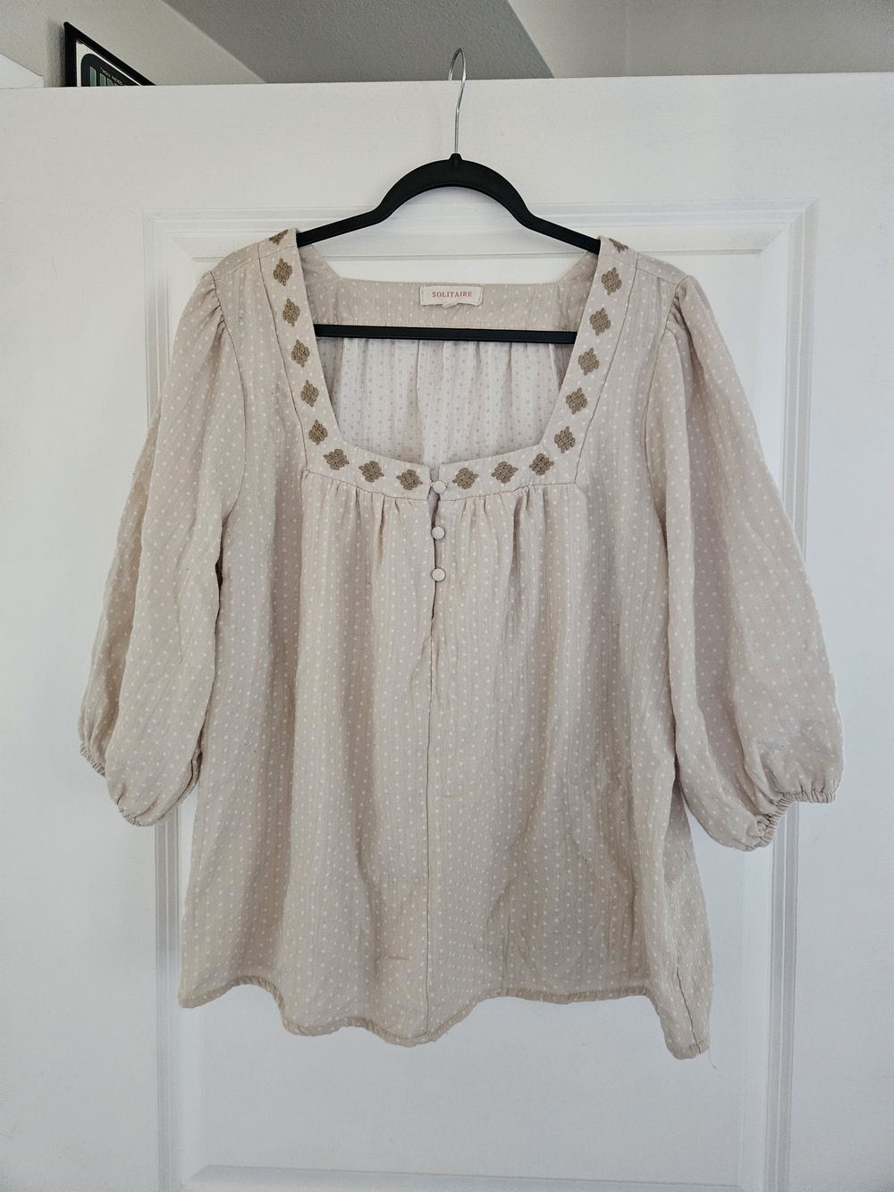 Solitaire XL Beige Cotton Linen Blend Swiss Dot Embroidered Peasant Blouse